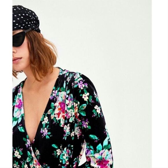 New ZARA Floral-Print Velvet Wrap Midi Dress Small - Picture 3 of 15